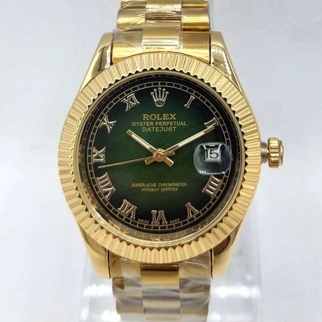 Rolex Luxury Gold Classic Dress Watch – Green Dial – Stainless Steel Bracelet – Men's Premium Watch