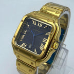 Cartier Luxury Gold Square Dress Watch – Black Textured Dial – Stainless Steel Bracelet – Men's Premium Watch
