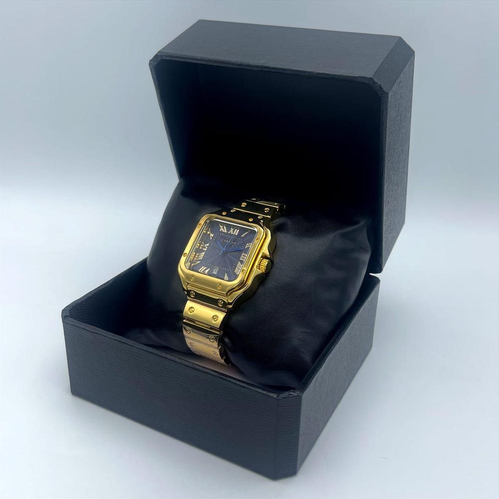 Cartier Luxury Gold Square Dress Watch – Black Textured Dial – Stainless Steel Bracelet – Men's Premium Watch