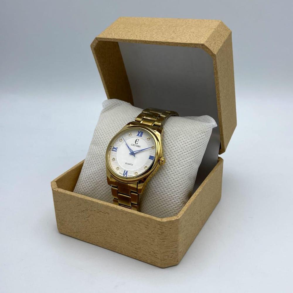 Crysma Luxury Gold Quartz Watch – Textured Dial with Royal Blue Accents & Crystal Markers | Trendoraa Mart Luxury Collection