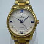 Crysma Luxury Gold Quartz Watch – Textured Dial with Royal Blue Accents & Crystal Markers | Trendoraa Mart Luxury Collection