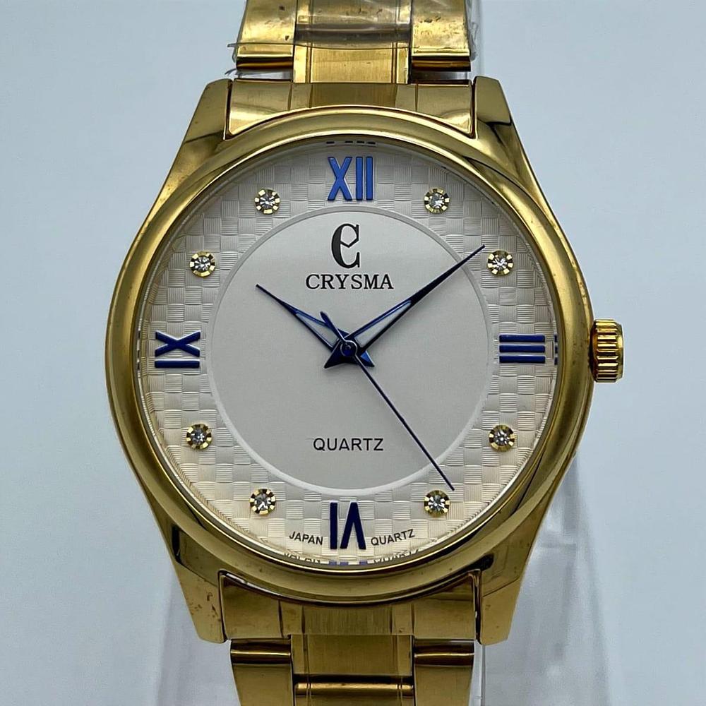 Crysma Luxury Gold Quartz Watch – Textured Dial with Royal Blue Accents & Crystal Markers | Trendoraa Mart Luxury Collection
