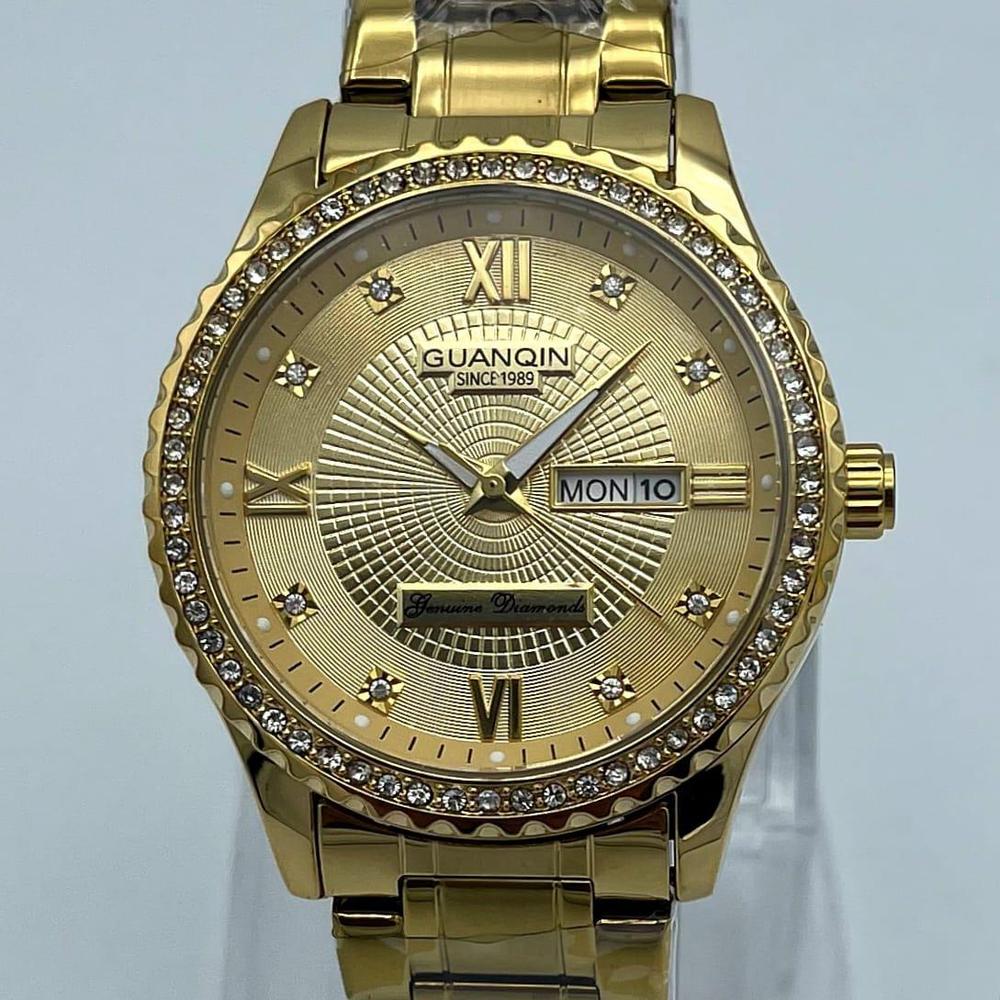 Guanqin Luxury Gold Diamond Watch – Crystal Bezel with Day-Date Display | Trendoraa Mart Elite Collection