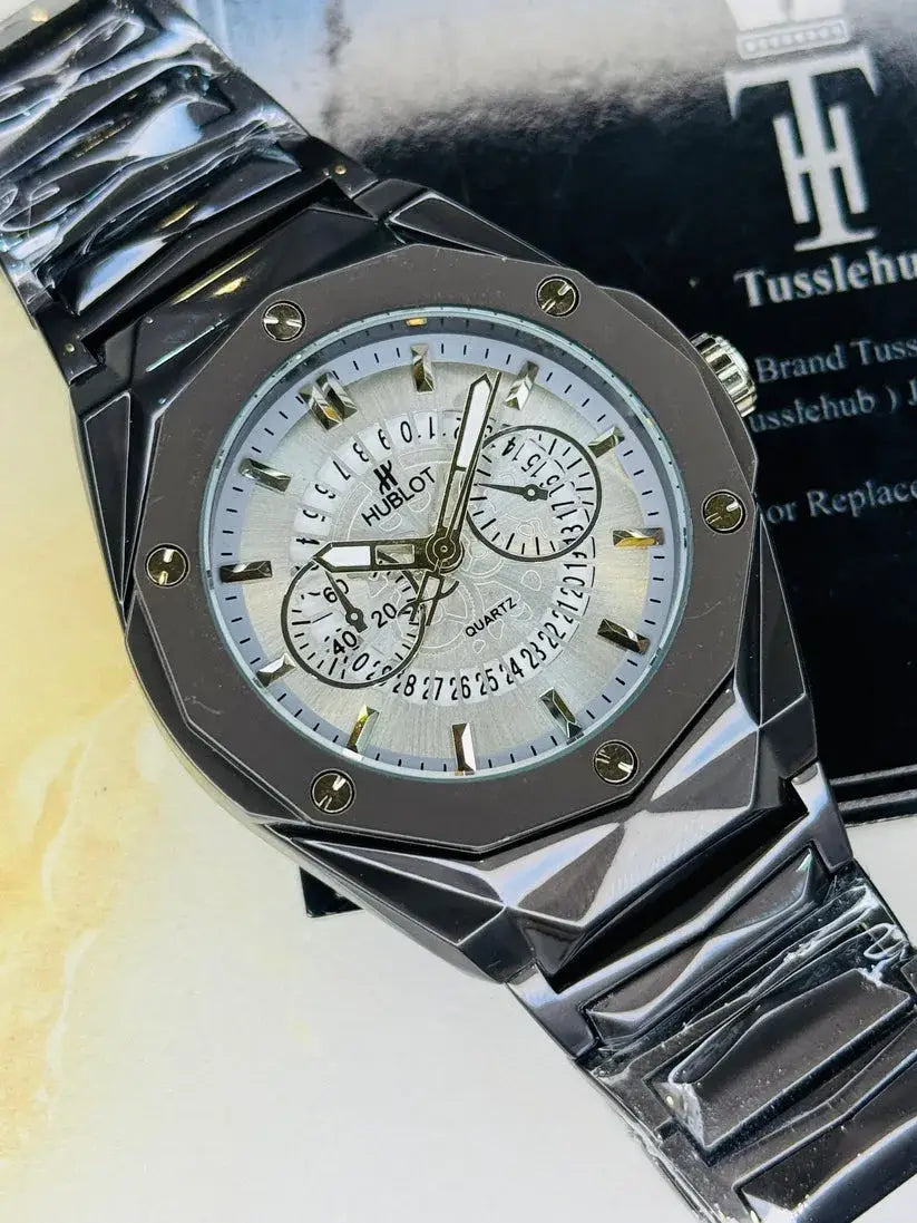 Hublot Multi-Function Geometric Men's Watch – Faceted Steel Case with Skeletonized Date Track | Trendoraa Mart Luxury Collection