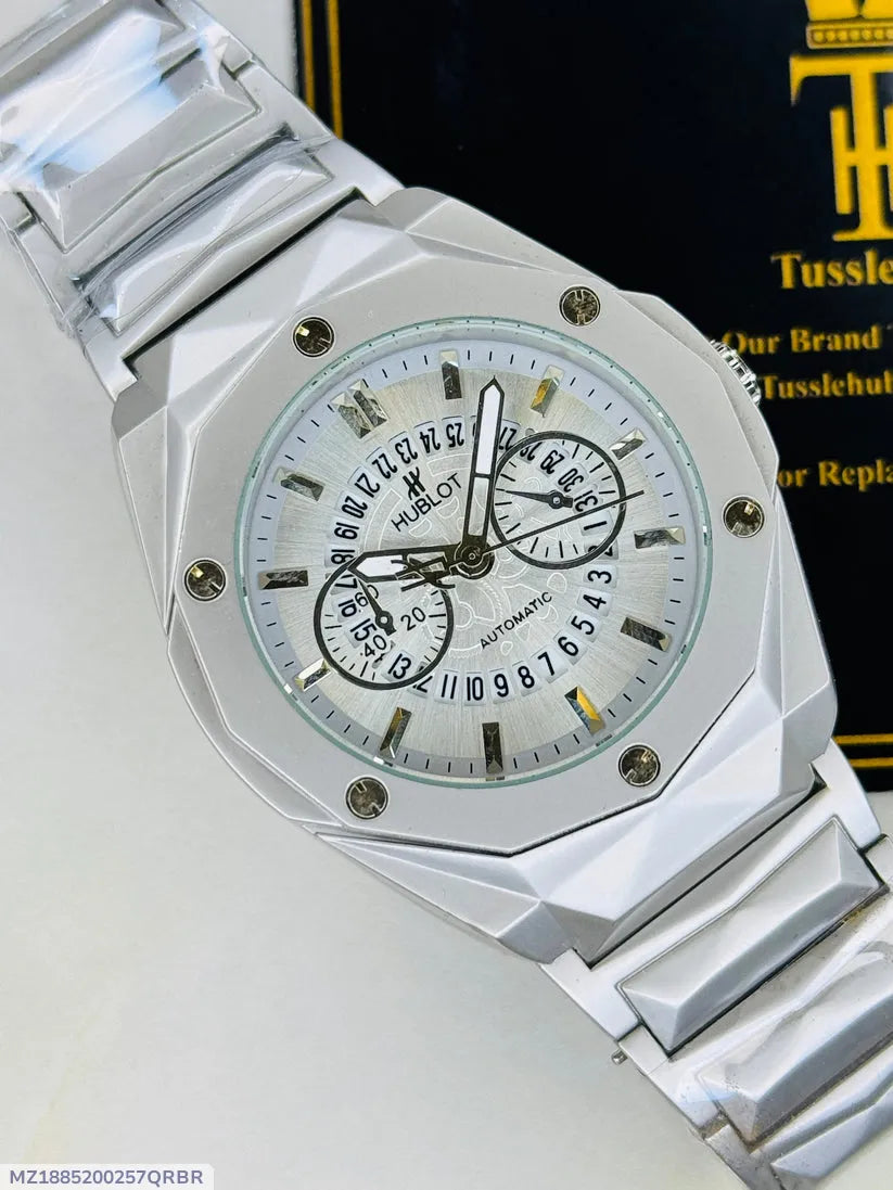 Hublot Multi-Function Geometric Men's Watch – Faceted Steel Case with Skeletonized Date Track | Trendoraa Mart Luxury Collection