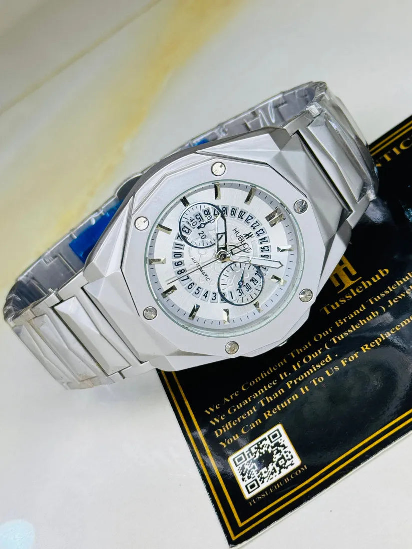Hublot Multi-Function Geometric Men's Watch – Faceted Steel Case with Skeletonized Date Track | Trendoraa Mart Luxury Collection