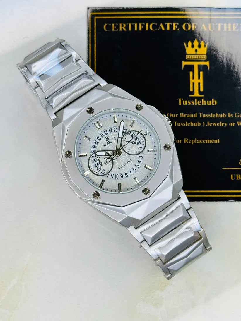 Hublot Multi-Function Geometric Men's Watch – Faceted Steel Case with Skeletonized Date Track | Trendoraa Mart Luxury Collection