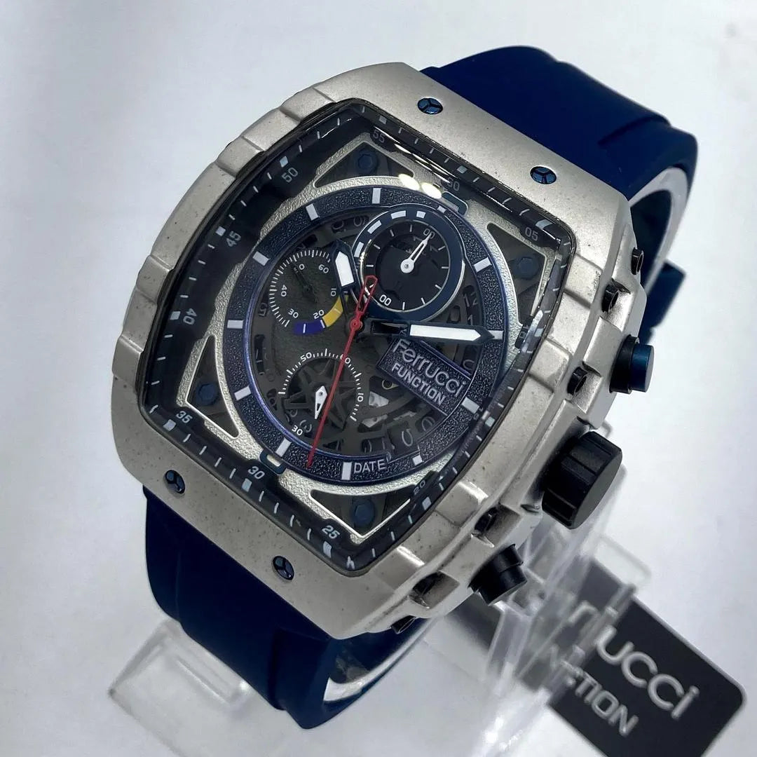 Ferrucci Luxury Skeleton Chronograph Sport Watch – Blue Silicone Strap – Stainless Steel Case – Men's Premium Watch