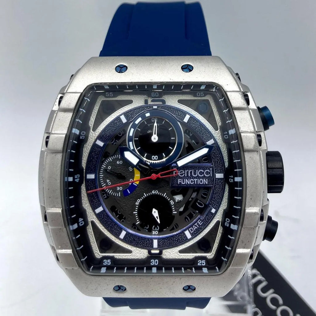 Ferrucci Luxury Skeleton Chronograph Sport Watch – Blue Silicone Strap – Stainless Steel Case – Men's Premium Watch
