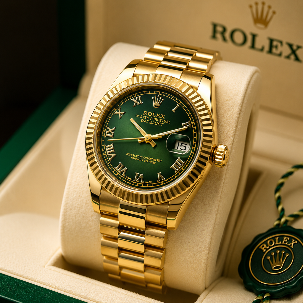 Rolex Luxury Gold Classic Dress Watch – Green Dial – Stainless Steel Bracelet – Men's Premium Watch