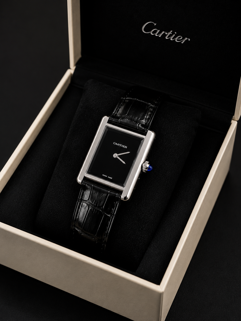 Cartier Luxury Rectangular Leather Strap Watch – Black Dial – Stainless Steel Case – Classic Dress Watch
