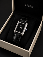 Cartier Luxury Rectangular Leather Strap Watch – Black Dial – Stainless Steel Case – Classic Dress Watch