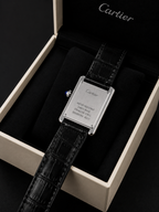 Cartier Luxury Rectangular Leather Strap Watch – Black Dial – Stainless Steel Case – Classic Dress Watch