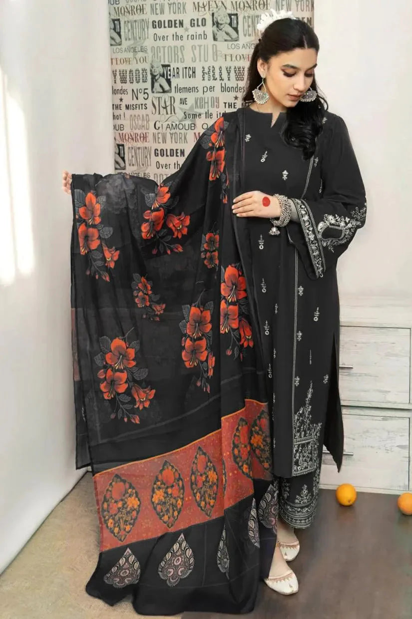 Black Printed Lawn Suit with Red Embroidery