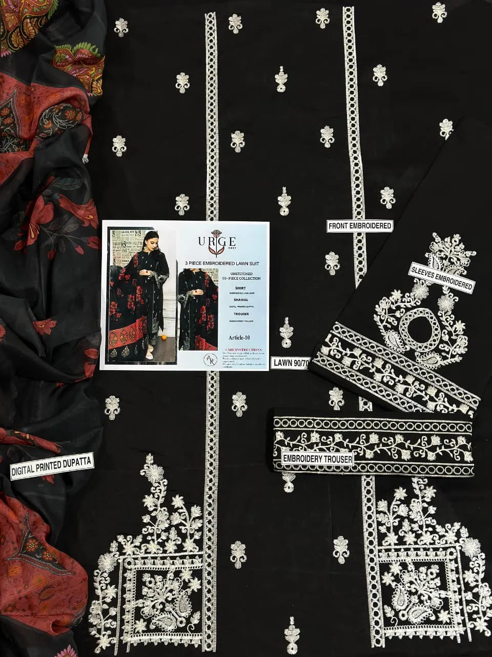 Black Printed Lawn Suit with Red Embroidery