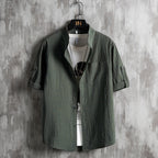 Men Plus Size Solid Green Short Sleeve Shirt Summer Cotton
