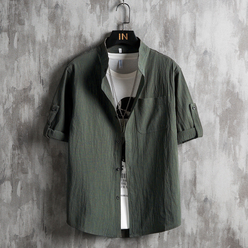Men Plus Size Solid Green Short Sleeve Shirt Summer Cotton