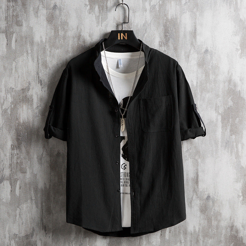 Men Plus Size Solid Green Short Sleeve Shirt Summer Cotton