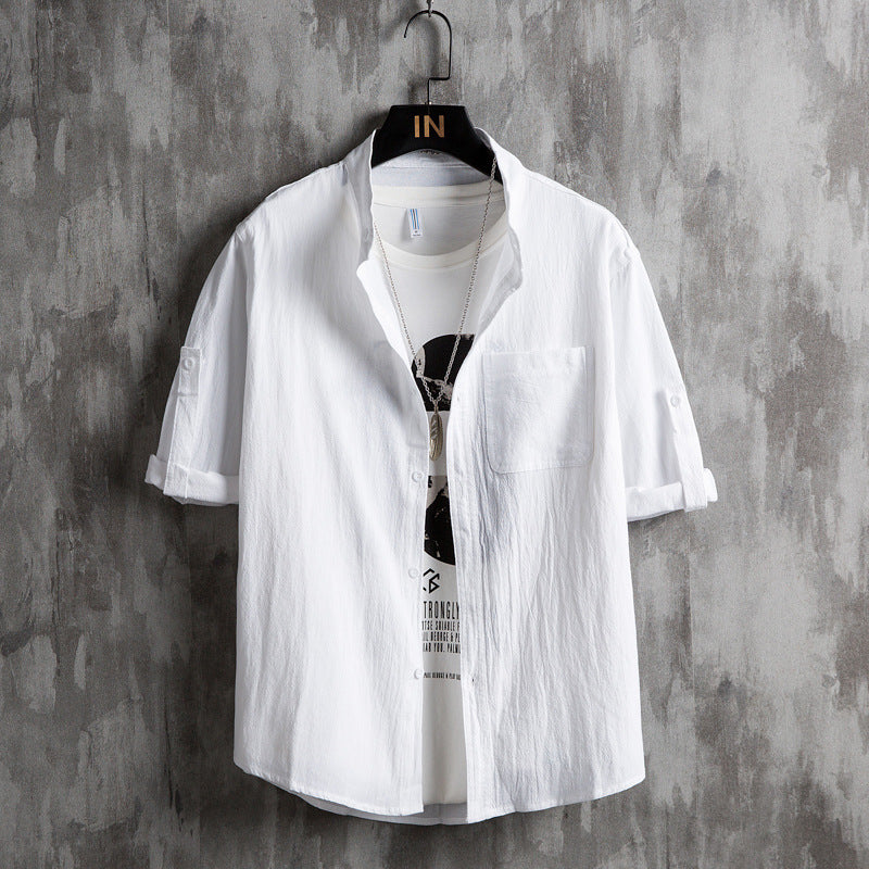 Men Plus Size Solid Green Short Sleeve Shirt Summer Cotton