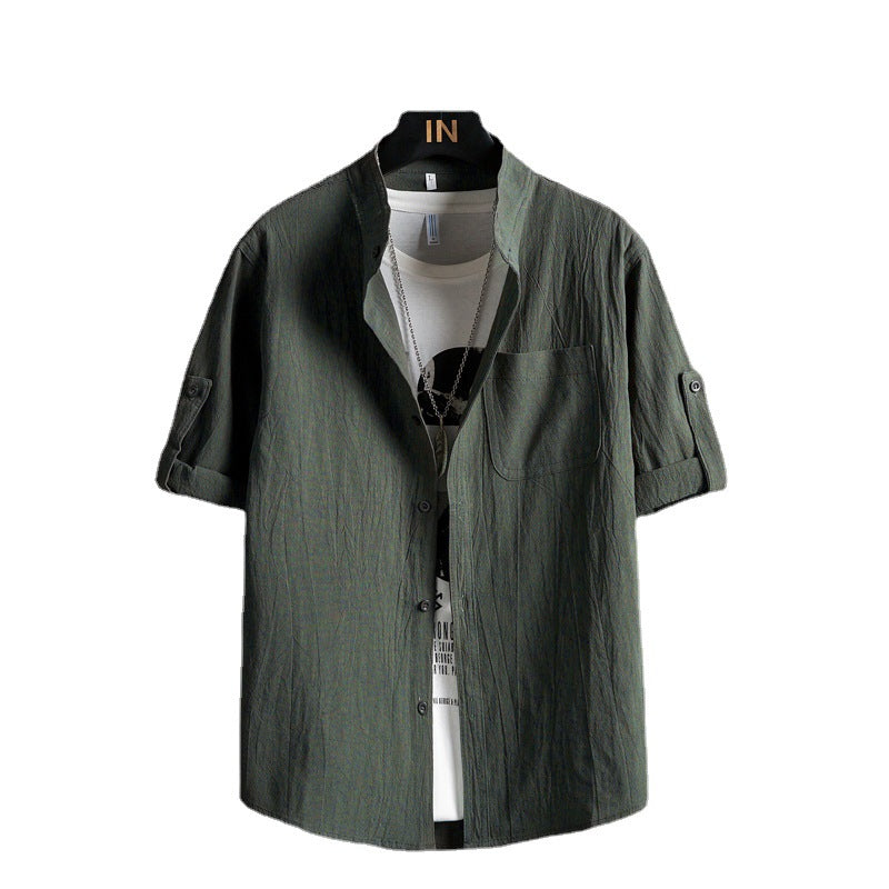 Men Plus Size Solid Green Short Sleeve Shirt Summer Cotton